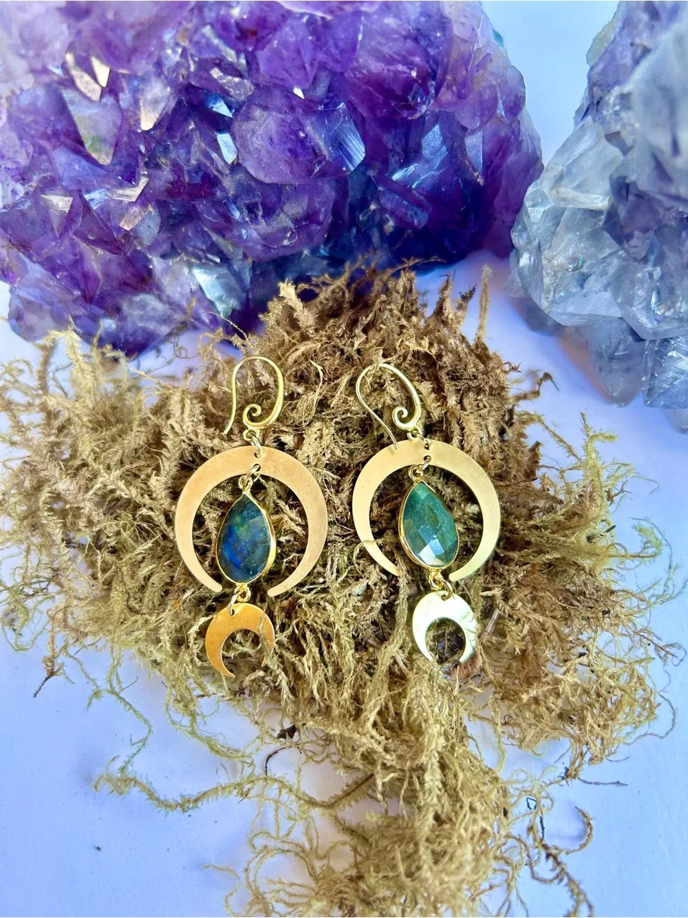 Gold Crescent Moon Earrings with Labradorite Gemstone | Brass Findings